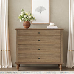Large 4-Drawer Chest with Solid Wood Foot, Dresser with Brushed Light Brown Finish & Metal Drawer Knobs, Antique Design for Bedroom & Nursery