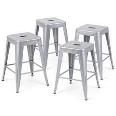 24 Inch Counter Height Stool, Backless Metal Bar Stools Set of 4, Non-Stackable, Detachable & Easy Assembly, Space-Saving Design for Kitchen Island/Bar/Café/Dining Room (Sliver)