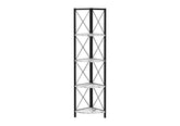 Bookshelf, Bookcase, Etagere, Corner, 4 Tier, 60"h, Office, Bedroom, White Marble Look Laminate, Black Metal, Contemporary, Modern