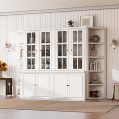 2x 75.25'' Tall Pantry Cabinets and Two Triangle Sided Bookshelves, 105.5'' Wide Retro Style Wall Suit with Glass Doors, for Hallways, Living room, Office, Studio or Workspace - White
