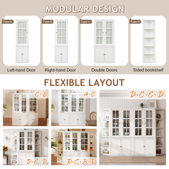 2x 75.25'' Tall Pantry Cabinets and Two Triangle Sided Bookshelves, 105.5'' Wide Retro Style Wall Suit with Glass Doors, for Hallways, Living room, Office, Studio or Workspace - White