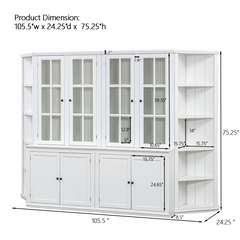 2x 75.25'' Tall Pantry Cabinets and Two Triangle Sided Bookshelves, 105.5'' Wide Retro Style Wall Suit with Glass Doors, for Hallways, Living room, Office, Studio or Workspace - White