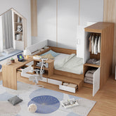 Full size Wooden Platform Bed with 6 Drawers, Shelves, desk and Wardrobe, Natural
