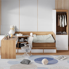 Full size Wooden Platform Bed with 6 Drawers, Shelves, desk and Wardrobe, Natural