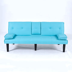 The 67-inch blue PVC multi-functional sofa bed, with a foldable and cup holder design, makes it extremely convenient to turn the living room into a guest room