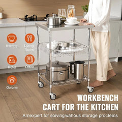 3-Tier Utility Cart Rolling Cart on Wheels 24"x20"x36.6" 470 LBS 6 Hooks
