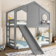 Twin House Bunk Bed with Slide and Storage Shelves, Solid Wood House Loft Bed with Window, Childlike Design, Gray
