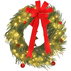 Christmas Wreath for Front Door with LED Lights, Prelit Christmas Wreath with 8 Modes and Ornaments, Green