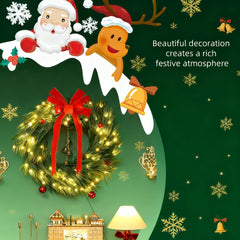 Christmas Wreath for Front Door with LED Lights, Prelit Christmas Wreath with 8 Modes and Ornaments, Green