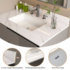 37 Inch Marble Vanity Top, White Vanity Top with 3 Pre-drilled Faucet Holes, Bathroom Vanity Top with Undermount Rectangular Middle Sink and 4" Height Backsplash, Bianco Carrara Venato