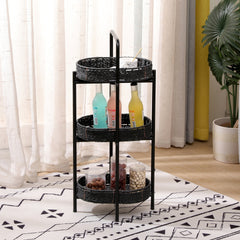Small Handwoven Side Tables 3-Tier Oval Organizer Portable Storage Shelf for Kitchen, Living Room, Bedroom, Balcony, Picnic (Black)