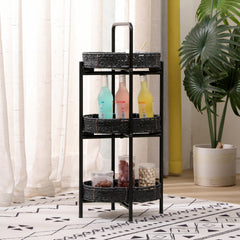 Small Handwoven Side Tables 3-Tier Oval Organizer Portable Storage Shelf for Kitchen, Living Room, Bedroom, Balcony, Picnic (Black)