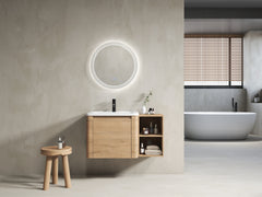 36'' Wall-Mounted Bathroom Vanity with White Ceramic Sink and Storage Shelves & 1-Soft-Close Door, KD-Packing, Plywood