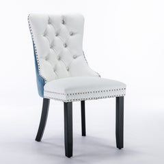 A&A Furniture,Nikki Collection Modern, High-end Tufted Solid Wood Contemporary PU and Velvet Upholstered Dining Chair with Wood Legs Nailhead Trim 2-Pcs Set, White+Light Blue, SW2101WL