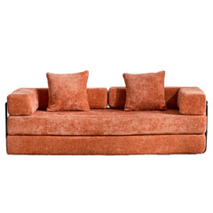 Floor Couch,Compression Sofa,Convertible Floor Sofa Bed-with Pillow Back Support Armrest,Comfy Futon Couch Lounge Sleeper Bed,chenille fabric,for Living Room Bedroom (orange)