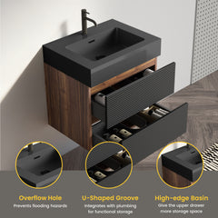 Grace 24'' Bathroom Vanity with Matt Black Engineered Quartz Sink and Soft Black Drawers, Wall Mounted Floating Bathroom Vanity for Modern Bathroom, One-piece basin without drainage and faucet, KD