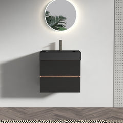 Grace 24'' Bathroom Vanity with Matt Black Engineered Quartz Sink and Soft Black Drawers, Wall Mounted Floating Bathroom Vanity for Modern Bathroom, One-piece basin without drainage and faucet, KD