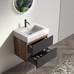 Grace 24'' Bathroom Vanity with Engineered Quartz Sink and Soft Black Drawers, Wall Mounted Floating Bathroom Vanity for Modern Bathroom, One-Piece Basin without drainage and faucet, KD