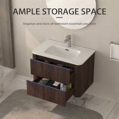 30" Wall Mounted Bathroom Vanity with Sink Floating Vanity Two Drawers Dark Walnut Bathroom Cabinet with White Ceramic Integrated Sink