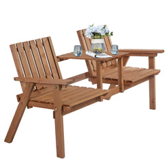 Outsunny Patio Bench, Garden Bench with Middle Table and Umbrella Hole, Wooden Outdoor Bench for Patio, Porch, Poolside, Balcony, Orange