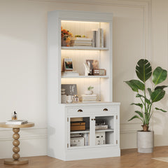 83.4"Tall Bookshelf with LED Lighting, Modern Bookcase with 2 Glass Doors and 1 Drawer,Storage Bookcase with Open Shelves for Living Room,Home Office,White