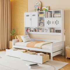 Twin Size Wooden Daybed With 2 Drawers, and All-in-One Cabinet and Shelf, White