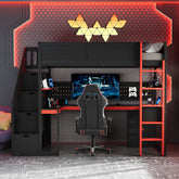 Twin Size Wooden Gaming Loft Bed with Storage Stairs, Desk, Shelves & Pegboard, Black+Red