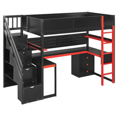 Twin Size Wooden Gaming Loft Bed with Storage Stairs, Desk, Shelves & Pegboard, Black+Red