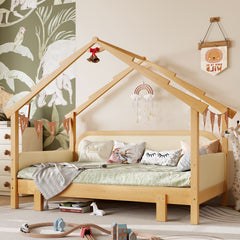 Twin Size Wood Treehouse bed with Soft Cushion Rails,for Kids, Teens, Girls, Boys,White