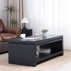 Modern Black Coffee Table with Beaded Trim – 47" Rectangular Coffee Table with Open Storage Shelf, Solid Black Finish – Contemporary Living Room Accent Furniture