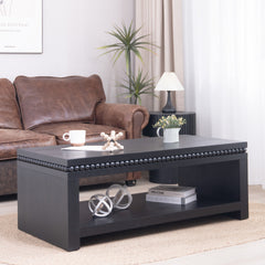 Modern Black Coffee Table with Beaded Trim – 47" Rectangular Coffee Table with Open Storage Shelf, Solid Black Finish – Contemporary Living Room Accent Furniture