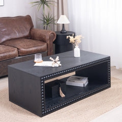 Black Beaded Edge Coffee Table – 47.6" Rectangular Center Table with Open Storage Shelf, Modern Farmhouse Style, Solid Black Finish