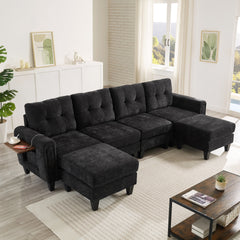 Modern Sectional Sofa 115" U-shaped Sofa Upholstered Sofa Couch with Two Movable Ottomans, USB Ports and Side Tables for Living Room, Black