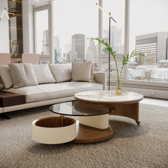 Round Coffee Table Set with Storage ,Rotating Wheels, Wooden Base