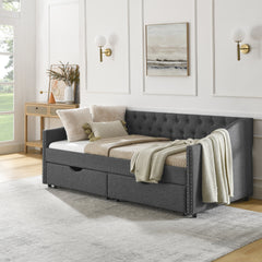 Twin Size Daybed with Drawers Upholstered Tufted Sofa Bed, with Button on Back and Copper Nail on Waved Shape Arms(81.5''x4''x30.5'')