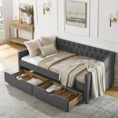 Twin Size Daybed with Drawers Upholstered Tufted Sofa Bed, with Button on Back and Copper Nail on Waved Shape Arms(81.5''x4''x30.5'')