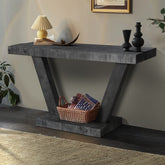 60 Inches Vintage Distressed Wood Entryway Bench with 2-Tier Solid Wood Veneer Storage Cabinet, Rustic Wide Design for Hallway, Living Room & Behind Sofa, Antique Black