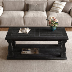 Weathered Black Farmhouse Coffee Table, Crafted with Heavy Planked Top & Square Baluster Legs, 47.24" Long Rustic Living Room
Table with Storage Shelf