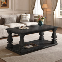Weathered Black Farmhouse Coffee Table, Crafted with Heavy Planked Top & Square Baluster Legs, 47.24" Long Rustic Living Room
Table with Storage Shelf