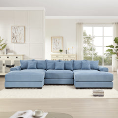 130" Oversized Cloud Modular Sectional Couch, Premium Corduroy Fabric,3-Seater Deep Seat Wide Armrests, With An Ottoman,Ergonomic Design, Easy Assembly For Lounges Living Room,Blue