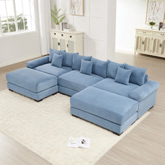 130" Oversized Cloud Modular Sectional Couch, Premium Corduroy Fabric,3-Seater Deep Seat Wide Armrests, With An Ottoman,Ergonomic Design, Easy Assembly For Lounges Living Room,Blue