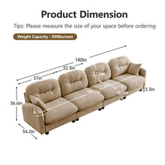 Four-Seater Modular Sectional Couch,Premium Chenille Fabric,With 2 Throw Pillows,Tufted Cushion Backrest Design,High-Density Foam Easy Install,Fits Bedrooms,Living Rooms, Reading Nooks,Camel