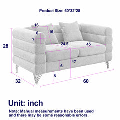 60Inch Oversized 2 Seater Sectional Sofa, Living Room Comfort Fabric Sectional Sofa-Deep Seating Sectional Sofa, Soft Sitting with 2 Pillows for Living Room, Bedroom, Office, Green teddy( W834S00032)