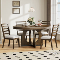 TREXM Round Dining Table for 4 with Chairs Set, Extendable Dining Table Set with 16" Removable Middle Leaf, 5 Piece Retro Dining Table Set Unique Geometric Design for Kitchen, Dining Room (Walnut)
