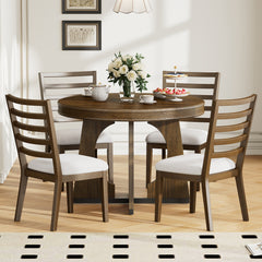 TREXM Round Dining Table for 4 with Chairs Set, Extendable Dining Table Set with 16" Removable Middle Leaf, 5 Piece Retro Dining Table Set Unique Geometric Design for Kitchen, Dining Room (Walnut)
