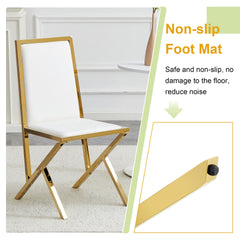 4-pack gold metal framed white PU dining chairs: ergonomic design, a simple and luxurious choice.Featuring uniquely designed gold metal legs.
