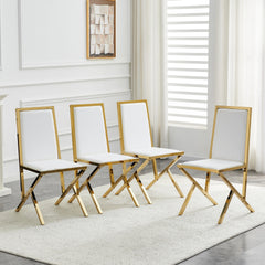 4-pack gold metal framed white PU dining chairs: ergonomic design, a simple and luxurious choice.Featuring uniquely designed gold metal legs.