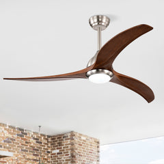 52" Solid Wood Blades Ceiling Fan With Light with Remote Control, Noiseless Reversible Motor, 6 Speed ,3 Color , for Patio Living Room, Bedroom, Indoor.(Stain nickel + Walnut )