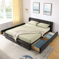 Queen Size Upholstered Bed Frame with Thick Fabric, comfortable upholstered bed frame, Chenille fabric, with headboard and solid bed frame. With drawer for storage-Dark Gray(86''*68.5''*67'')
