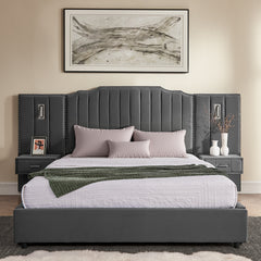 Queen Size Upholstered Bed Frame with Velvet Fabric, Vertical Stripe Design with Buttons Around Platform Bed with Headboard, Solid Frame & Bedside Table - No Box Spring Needed-Gray